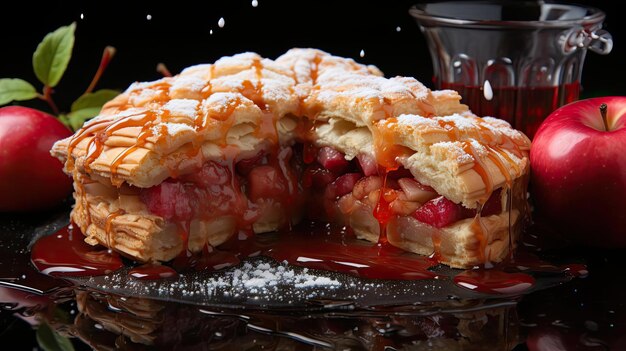 torta di mele con mele a fette su un piatto con sfondo sfocato