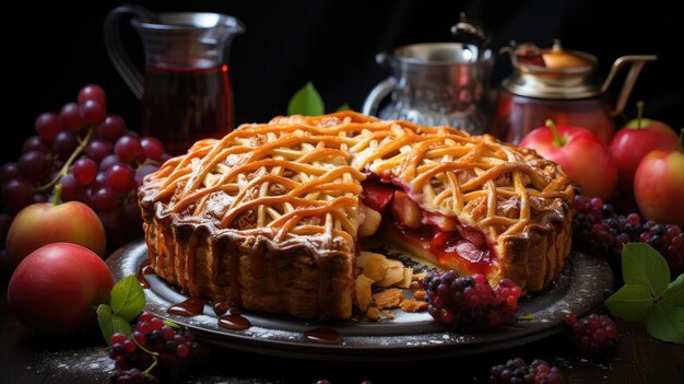 torta di mele con mele a fette su un piatto con sfondo sfocato