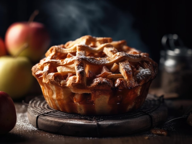 Torta di mele fatta in casa su sfondo di legno IA generativa