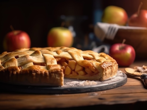 Torta di mele fatta in casa su sfondo di legno IA generativa
