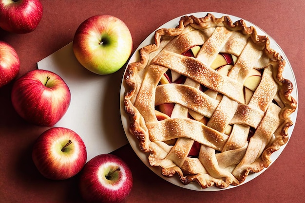 Torta di mele intrecciata a strisce con frutta su fondo di legno