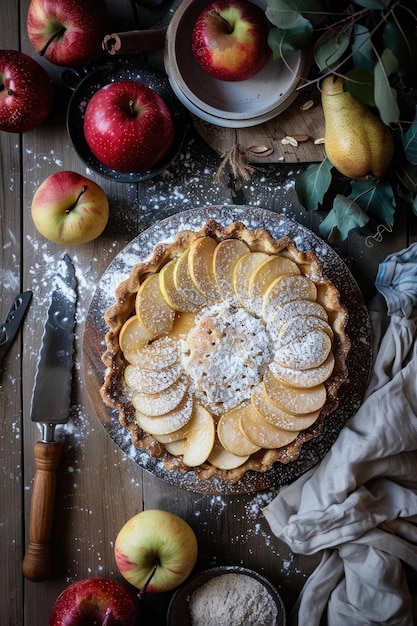 Torta di mele non cotta in un piatto da forno avvolto in panno