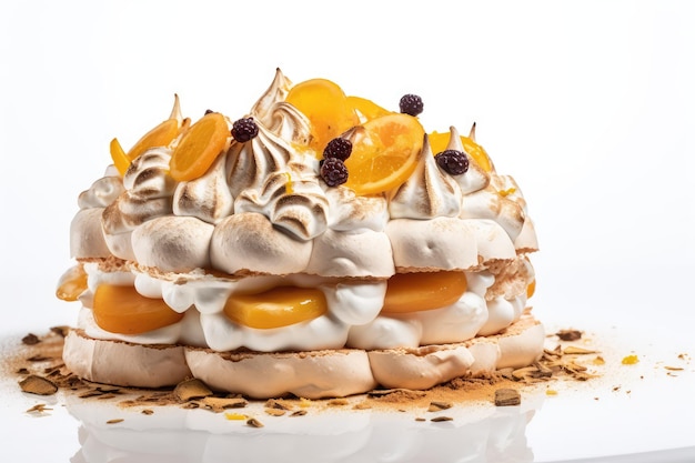 Torta di meringa Pavlova Dessert Frutta Bacca Torta di meringa bianca Illustrazione generativa astratta di intelligenza artificiale