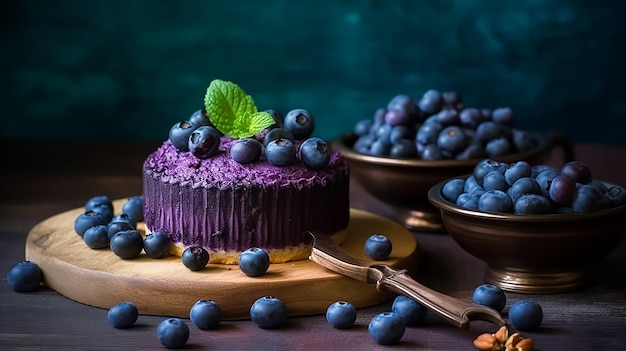 Torta di mirtilli con mirtilli su un tavolo di legno