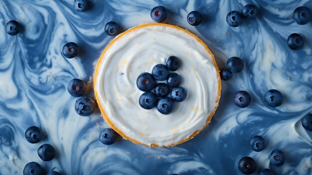 Torta di mirtilli con panna montata e mirtilli freschi su sfondo blu Vista dall'alto AI generativa