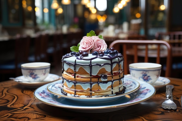 Torta di mirtilli in un affascinante fornaio con vetrate e odore di pane fresco generativo IA