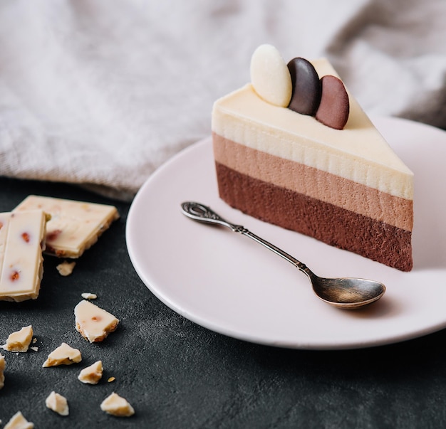 Torta di mousse al cioccolato a strati sul piatto