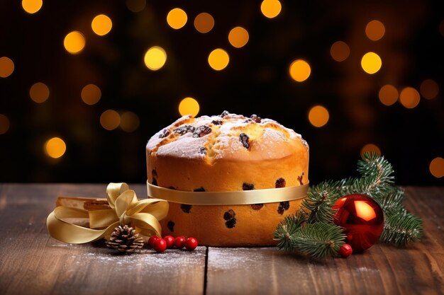 Torta di Natale con uvette e decorazione di Natale su tavolo di legno