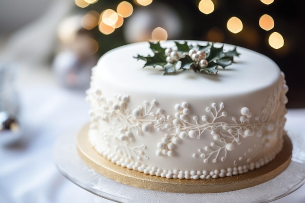 Torta di Natale decorata, completa di intricato disegno di glassa. Illustrazione AI generativa