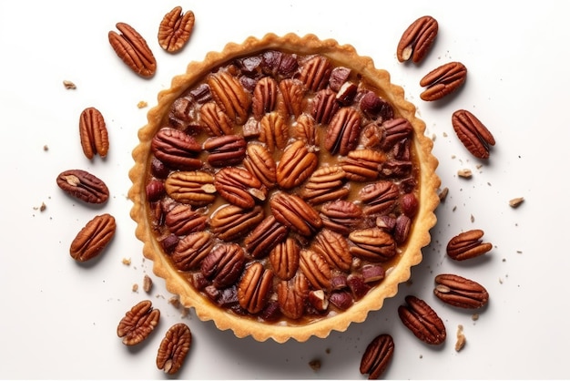 Torta di noci pecan Dessert vegetariano su sfondo bianco Vista dall'alto IA generativa