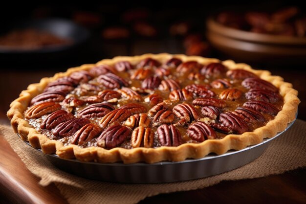 Torta di noci pecan tradizionale per il giorno del ringraziamento sulla tavola di legno rustica