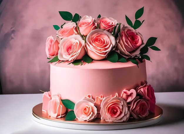 Torta di nozze a crema rosa decorata con rose fresche