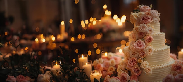 Torta di nozze con fiori rosa e candele