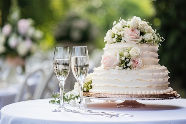 Torta di nozze con flauti di champagne sul tavolo al ricevimento in giardino