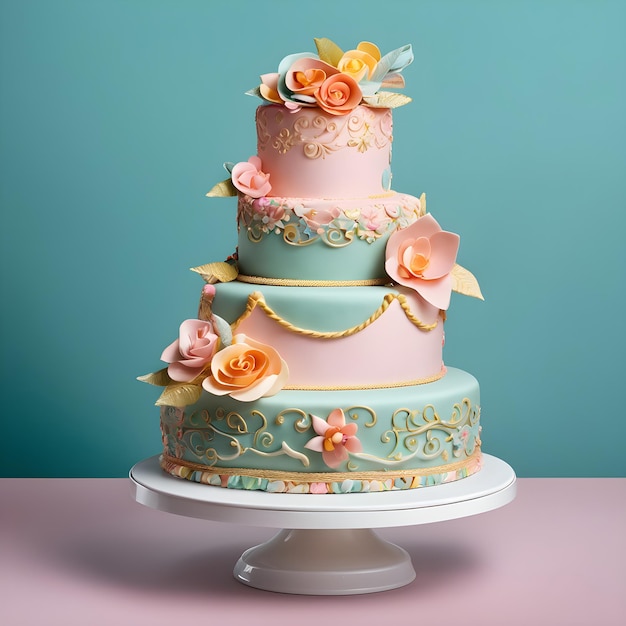 torta di nozze decorata con fiori e nastri su uno sfondo blu.