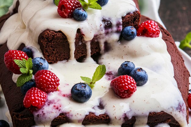 Torta di pane al cioccolato con spessa glassa di yogurt e bacche fresche