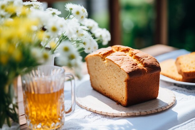 Torta di pane dolce estiva su un tavolo con fiori e una bevanda in bicchieri