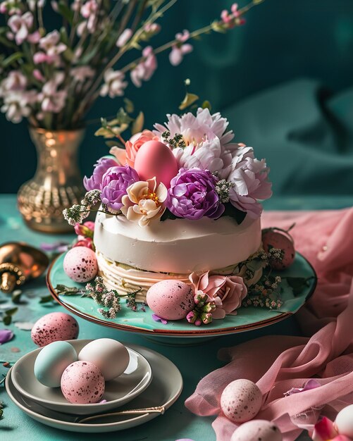 Torta di Pasqua con fiori e uova su uno sfondo turchese