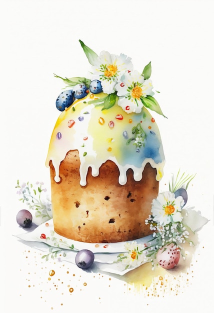 Torta di Pasqua con frutti di bosco e uova. Cartolina di Pasqua. Scheda di Pasqua con l'acquerello della torta di Pasqua