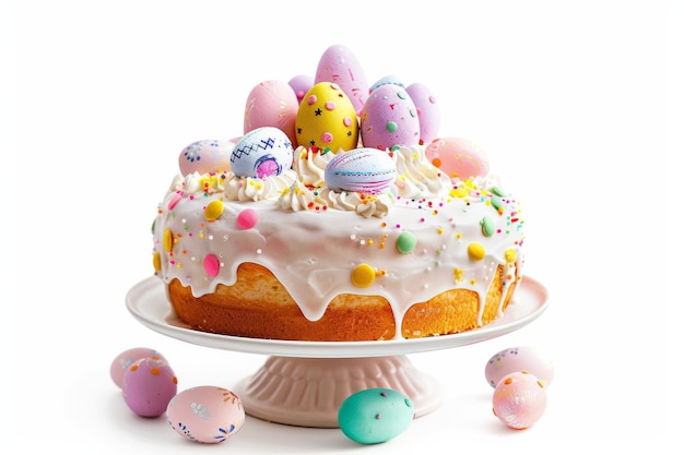 Torta di Pasqua con ghiaccio bianco e uova decorate