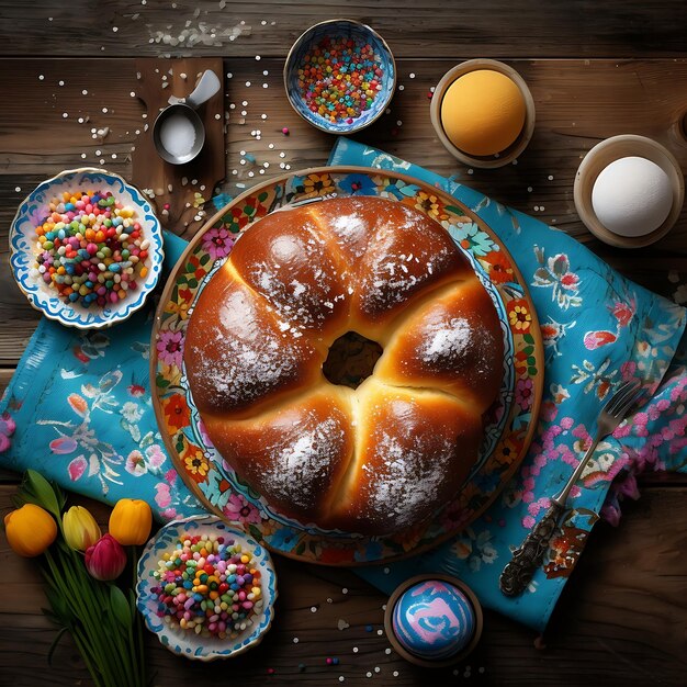 Torta di Pasqua con uvette e uova su uno sfondo di legno