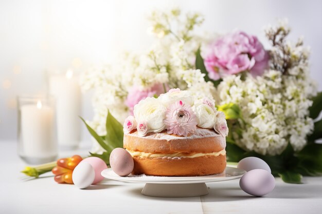 Torta di Pasqua e uova su sfondo bianco con bouquet di fiori Buona Pasqua