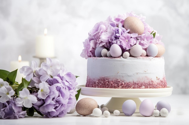 Torta di Pasqua e uova su sfondo bianco con bouquet di fiori Buona Pasqua