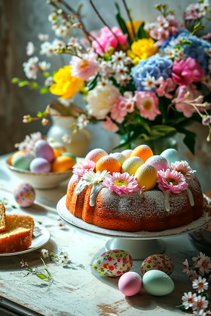 Torta di Pasqua e uova sul tavolo Focalizzazione selettiva