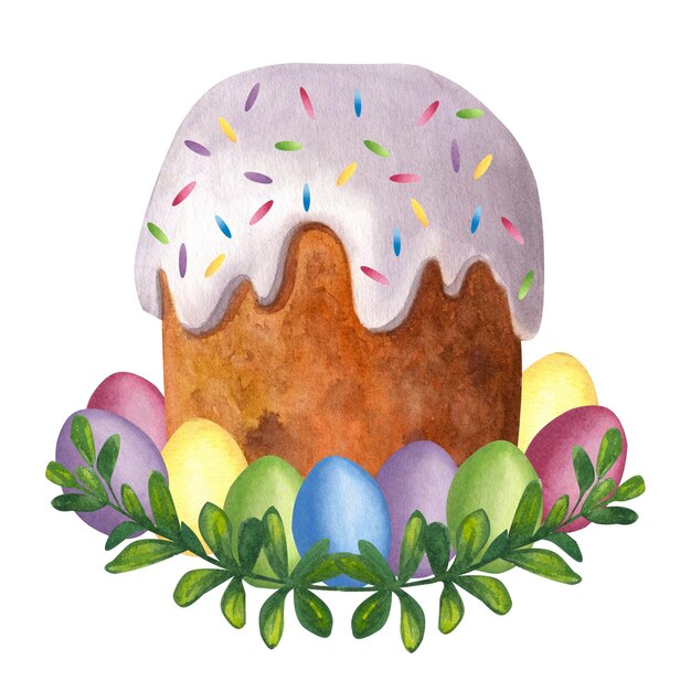 Torta di Pasqua in glassa bianca Frutta candita Uova dipinte multicolori Foglie verdi Illustrazione dell'acquerello disegnato a mano isolato su sfondo bianco