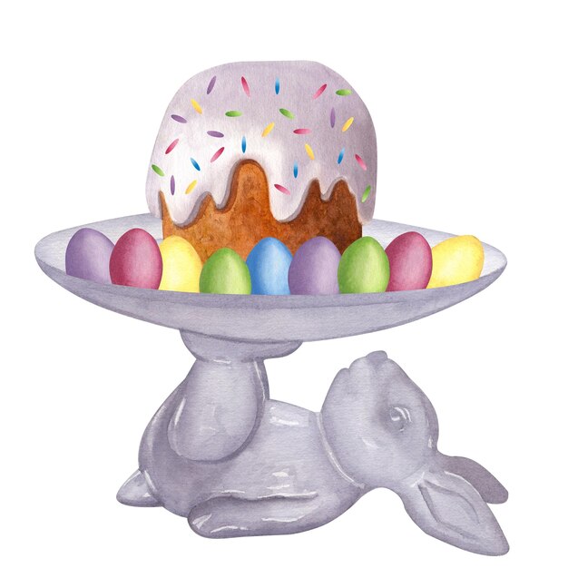 Torta di Pasqua in glassa bianca Stand di una lepre un coniglio Uova multicolori Handdrawn acquerello illustrazione isolato su sfondo bianco