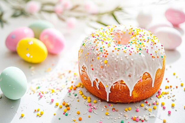 Torta di Pasqua ricoperta di glassa bianca su una superficie chiara generata dall'AI