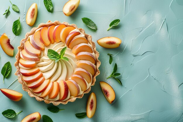 Torta di pesche circondata da frutta fresca e foglie di menta verde AI generativa