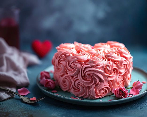 Torta di San Valentino con cuore rosa su sfondo blu