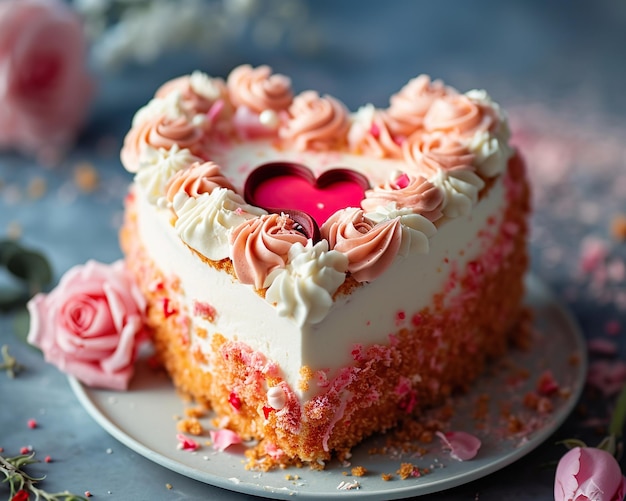 Torta di San Valentino con un cuore rosa su uno sfondo blu