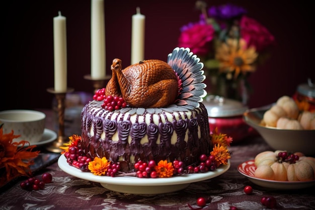 Torta di tacchino del Ringraziamento con piume di fondante