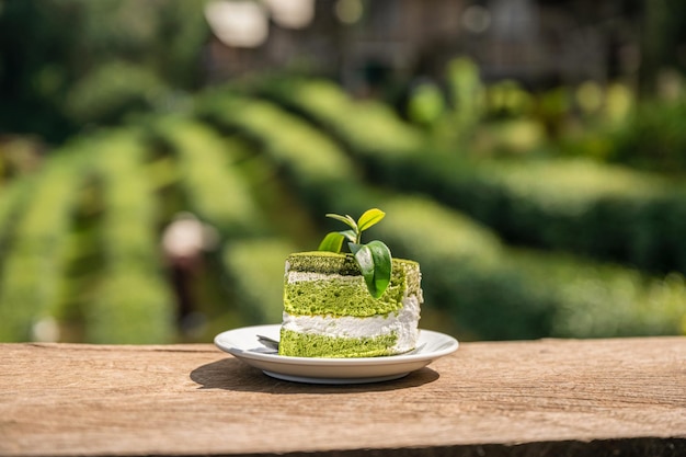 Torta di tè verde biologico a fette con panna montata e foglia di tè in piatto bianco su barra di legno in piantagione