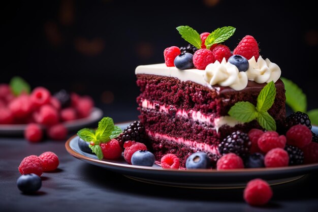 Torta di velluto rosso con bacche fresche dolce e rinfrescante