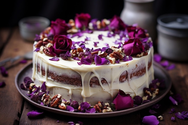 Torta di velluto rosso con crema di formaggio e fiori commestibili dessert elegante