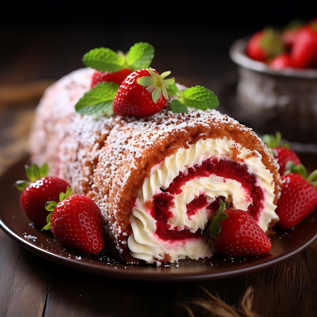 Torta di velluto rosso con panna e fragole fresche su sfondo chiaro