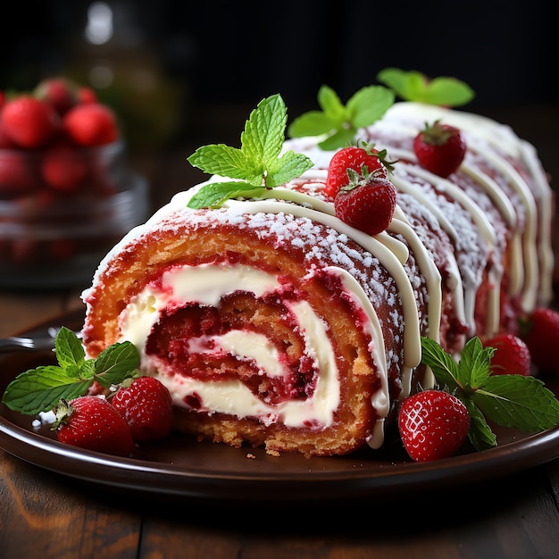 Torta di velluto rosso con panna e fragole fresche su sfondo chiaro