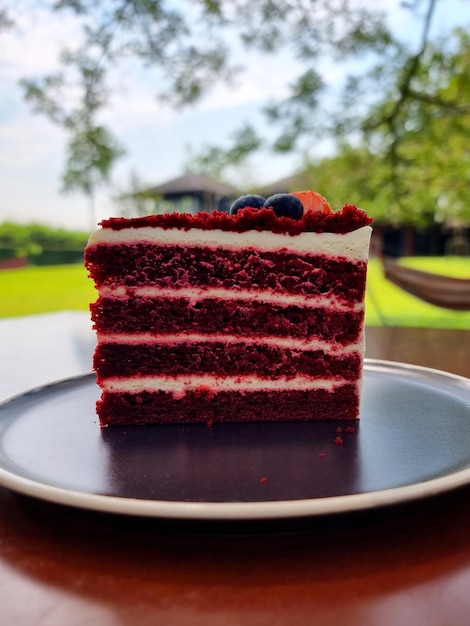 Torta di velluto rosso nel piatto su sfondo verde con vista giardino