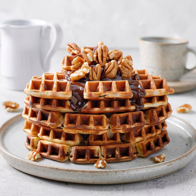 Torta di waffle con cioccolato caramellato e noci Torta tradizionale slovacca e ceca grilaz con caffè