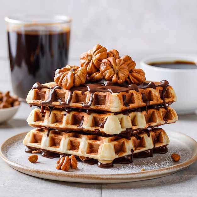 Torta di waffle con cioccolato caramellato e noci Torta tradizionale slovacca e ceca grilaz con caffè