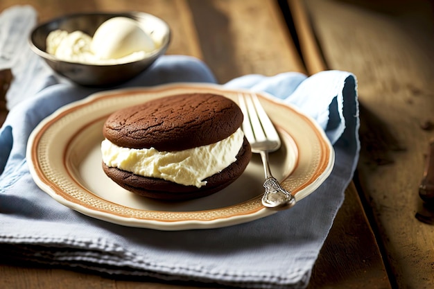 Torta di whoopie casalinga del dessert al cioccolato con crema sul piatto