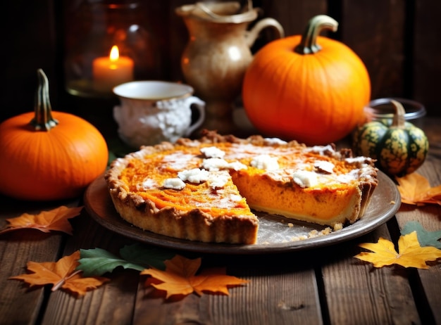 Torta di zucca d'autunno su uno sfondo rustico