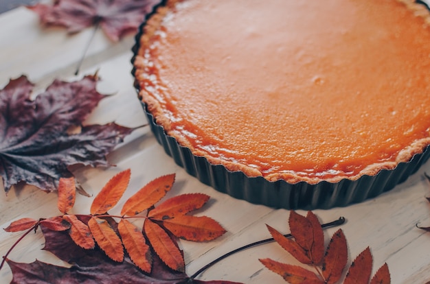 Torta di zucca fatta in casa deliziosa fresca su fondo di legno bianco con fogliame di autunno