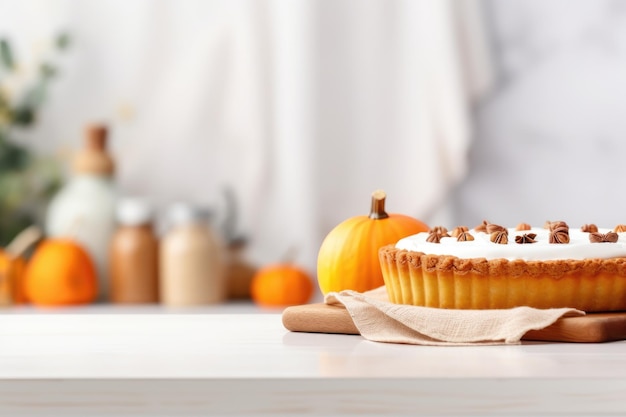 Torta di zucca fatta in casa sul tavolo della cucina moderna