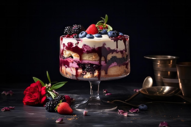 Torta dolce cremosa al tiramisù con frutti di bosco in cima in piedi sul tavolo Deserto tradizionale italiano