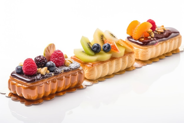 Torta Eclair di frutta e bacche isolata Frutti deliziosi Dessert di latte Bignè glassati Illustrazione generativa astratta di intelligenza artificiale