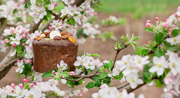 Torta festiva di Pasqua sui precedenti di un melo sbocciante nel giardino.